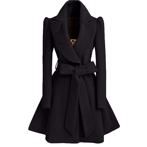 SOLD. Miseku- Classy notched collar black waist tie coat - Picture 2 of 4